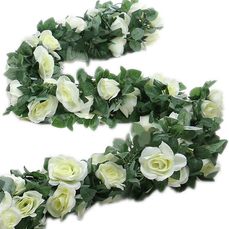 ZWYOQI 16 FT Fake Rose Vine Garland Artificial Flowers Plants Hanging Rose Ivy Home Hotel Office Wedding Party Garden DÃ©cor (White/2PCS) - Image 1